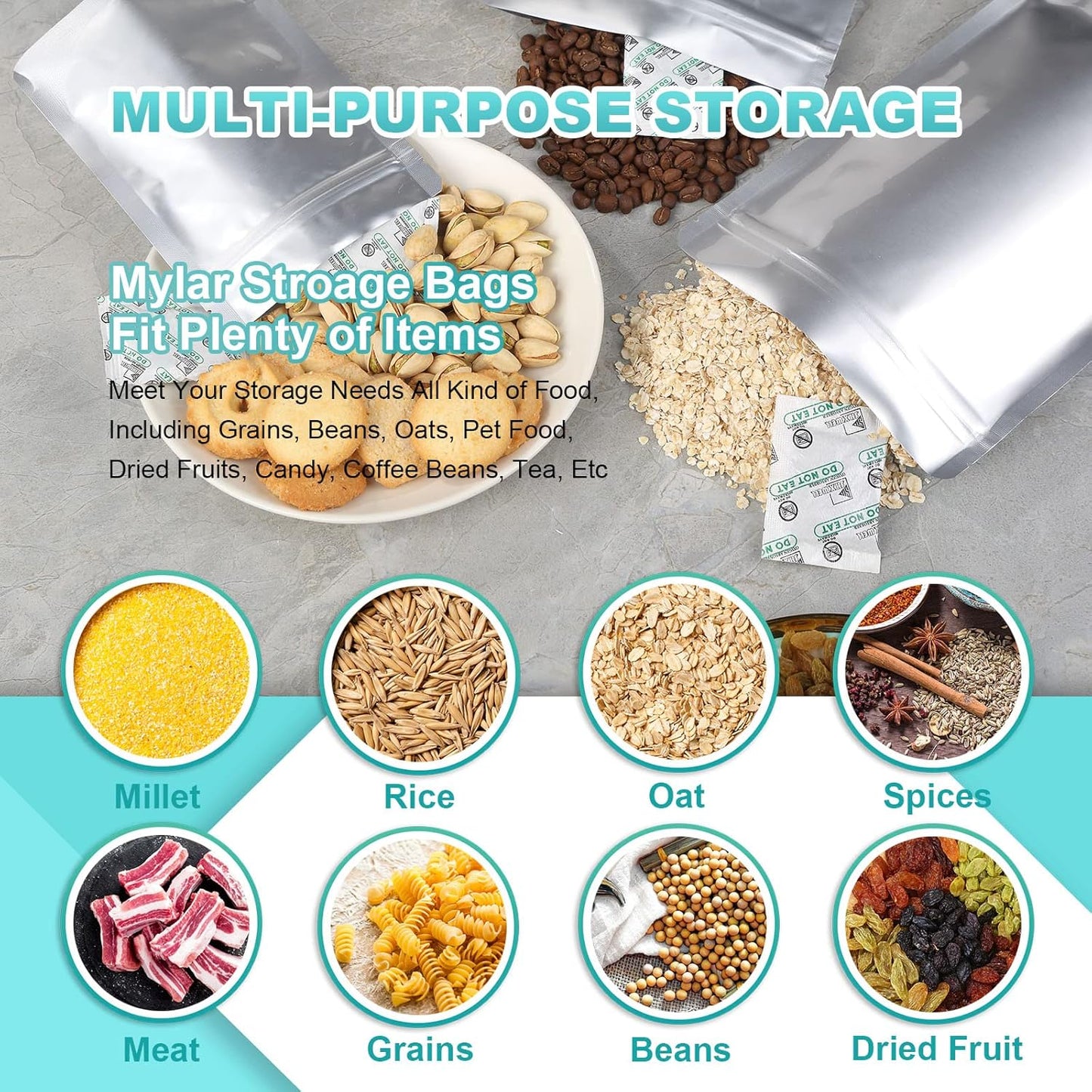 50pcs 1 Gallon Mylar Bags for Food Storage with Oxygen Absorbers 500CC (6 Packs of 10pcs) and Labels, 10 Mil 10"x14" Zipper Pouches Resealable and Heat Sealable for Long Term Food Storage (50 Bags)