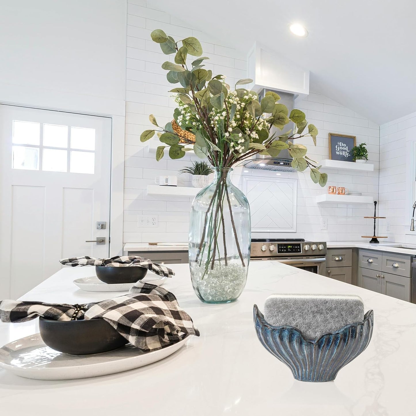 Sponge Holder for Kitchen Sink, Ceramic Sponge Holder with Fishtail Design, Sink Sponge Holder Caddy Organizer for Countertop, Farmhouse Kitchen Decor, Compact Kitchen Sponge Holder(Blue)