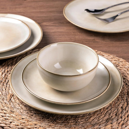 GBHOME Ceramic Dinnerware Sets for 4, 12 Pieces Stoneware Plates and Bowls Sets, Reactive Glaze Dishes -Scratch Resistant, Dishwasher&Microwave Safe-Cappuccino