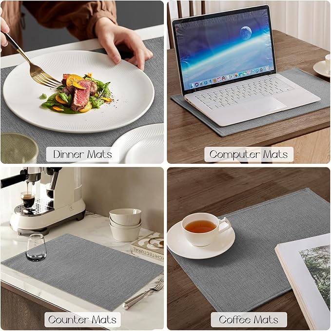 Romanstile Cloth Placemats Set of 8-12 x 18 Inch, Heat Resistant Double Layered Thickened Burlap Place Mats, Washable Faux Linen Farmhouse Table Mats for Kitchen/Dining/Party/Outdoor, Grey