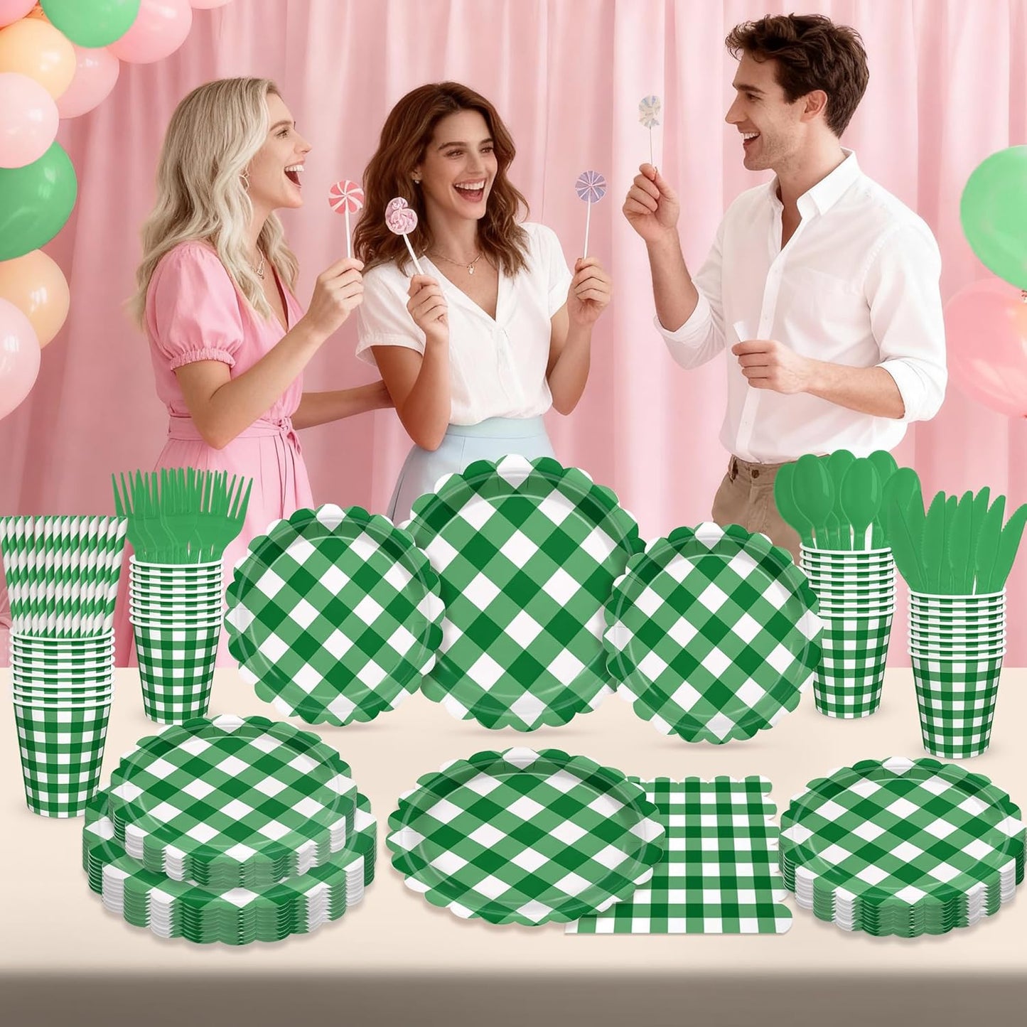 192 PCS Gingham Party Supplies Serve 24 Guests Gingham Plates and Napkins and Cups for Birthday Decorations Baby Shower Checkered Party Dinnerware Sets for Girl Boy Dark Sage Green Christmas