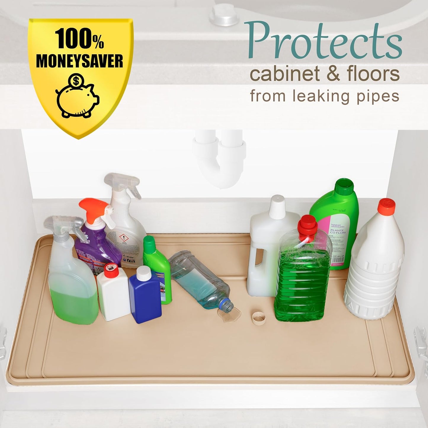 The Original Under Sink Mat - Silicone Waterproof mat, Adjustable, Easy to Clean, Kitchen Cabinet Liner, Disifenction Surface - 31" x 22" or Smaller (Beige, 31" x 22")