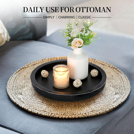 Hanobe Black Round Decorative Coffee Tray Wooden Trays for Coffee Table Centerpieces Dining Room Circle Wood Ottoman Serving Tray for Bathroom Kitchen Counter Candle Holder