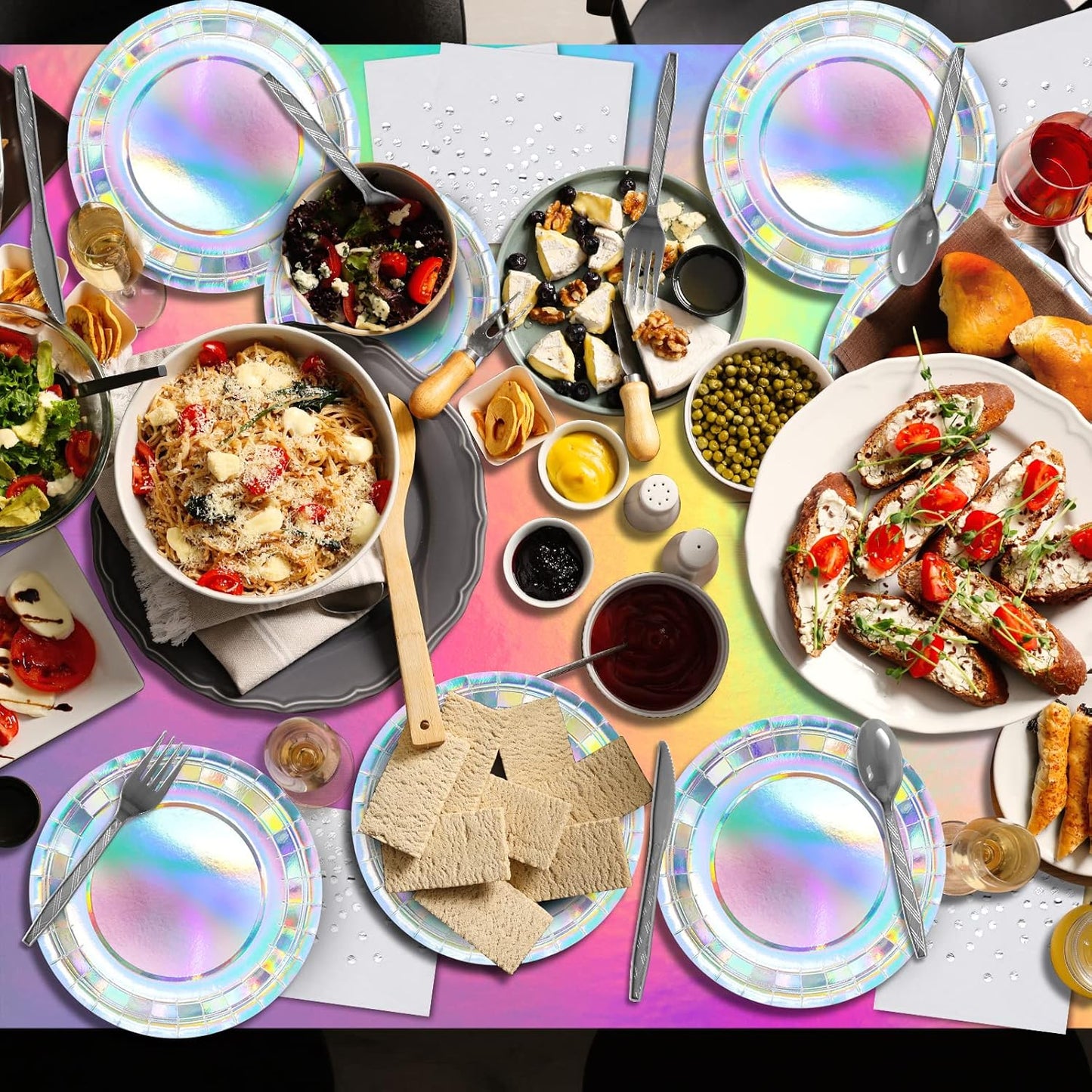 Iridescent Party Supplies Decorations, Holographic Paper Plates and Napkins Set, Disposable Iridescent Paper Plates Cups Knives Spoons Fork Straw for Mermaid Birthday Wedding Party, Serve 50