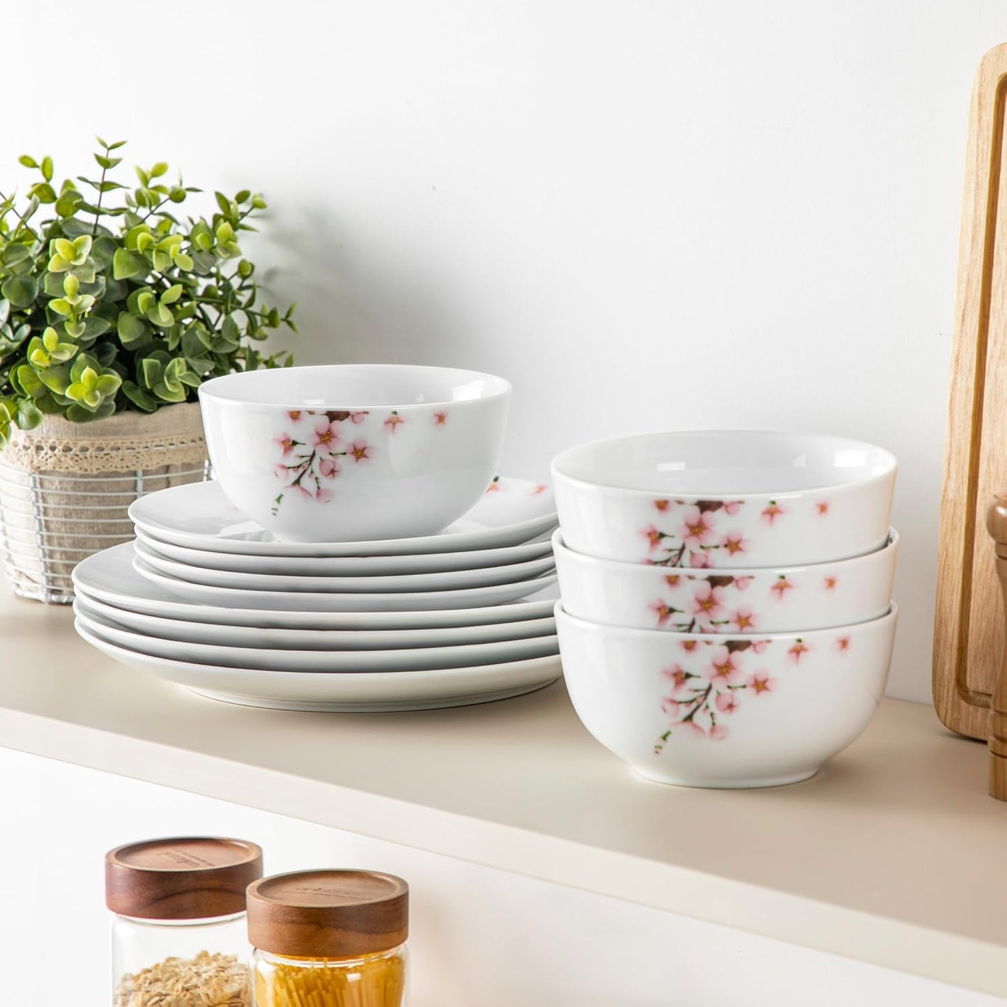 VEWEET Porcelain Dinnerware Sets for 4, 12 Pieces Plates and Bowls Set with Pink Floral, Kitchen Dishes Set Dining Ware for Family, Microwave and Dishwasher Safe, Series ANNIE