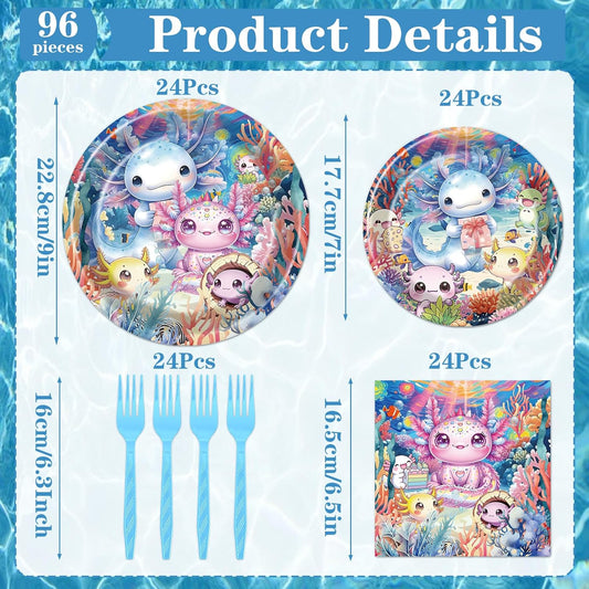 Rakuto Colorful Axolotl Birthday Decorations - 96PCS Axolotl Party Plates Napkins Forks Disposable Tableware Set, Cute Colorful Animals Themed Birthday Party Decorations Decor Supplies (Serve 24)