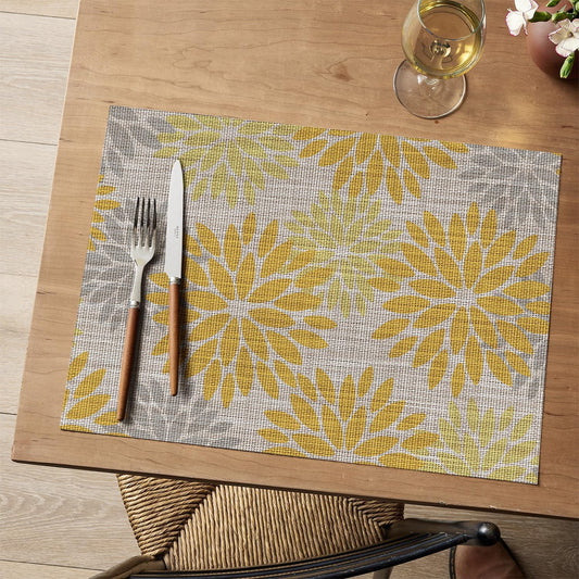 Artoid Mode Floral Plastic Placemats Set of 4, 12x18 Inch Washable Non-Slip Plastic Vinyl Place Mats for Party Kitchen Dining Decor, Yellow