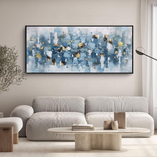 KLAKLA Blue and White Abstract Wall Art - Living Room Wall Decor Gold Picture Artwork for Walls Prints Paintings Framed Canvas Bedroom Office Guest Room Home Decoration 70x31 Inches