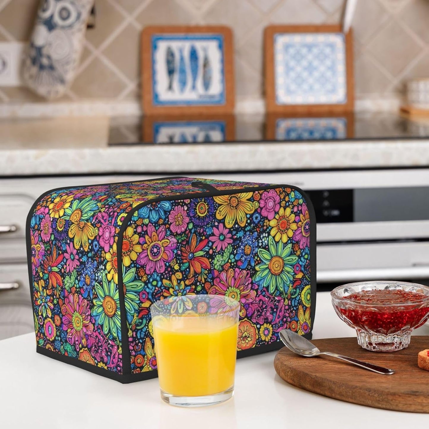 Toaster Cover 2 Slice Colorful Flower Art Kitchen Small Appliance Covers with Pockets Dust and Fingerprint Protection
