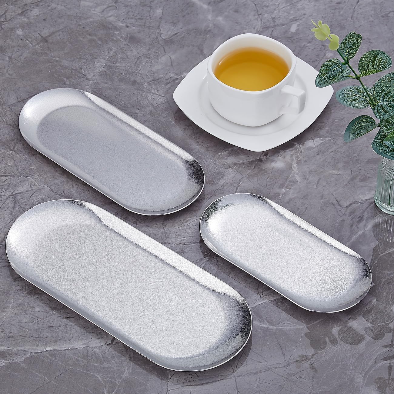 8.5X3.7 inch ellipse Appetizer Plates,thick stainless steel Dinner Plates, Pasta Dessert Plates for Sushi, Fruit oven/Dishwasher Safe, Set of 4,silver