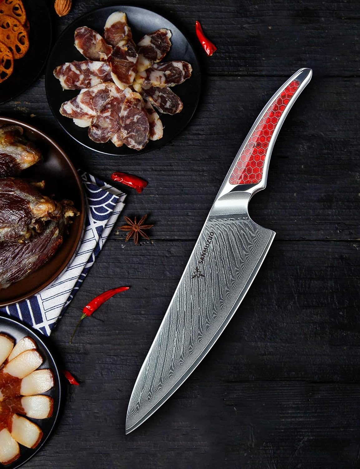 8 inch Chef Knife, Japanese VG-10 Damascus Steel Kitchen Knife, Ultra Sharp Cooking Knife with Full-tang Handle in Red Resin, LA-S9 Series