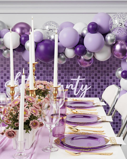 Nervure 350PCS Purple Plastic Plates - Purple Plastic Dinnerware Sets for 50 Guests - 100 Disposable Plates, 150 Gold Silverware, 50 Cups, 50 Napkins for Wedding & Party