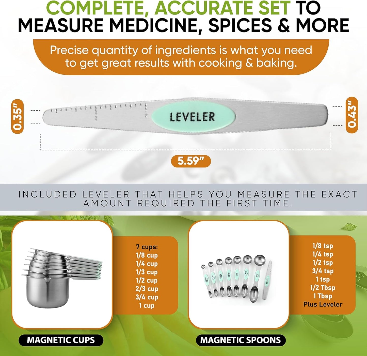 Spring Chef Magnetic Measuring Cups & Spoons Set, Patented, Strong N45 Magnets, Heavy Duty Stainless Steel Fits in Spice Jars for Baking & Cooking, BPA Free, Round Set of 15 with Leveler, Mint