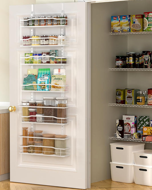 Moforoco White 6-Tier Over Door Pantry Organizer, Pantry Organization Storage, Door Metal Hanging Spice Rack Basket Shelves, Home Kitchen Apartment Essentials, Laundry Room Bathroom Organization