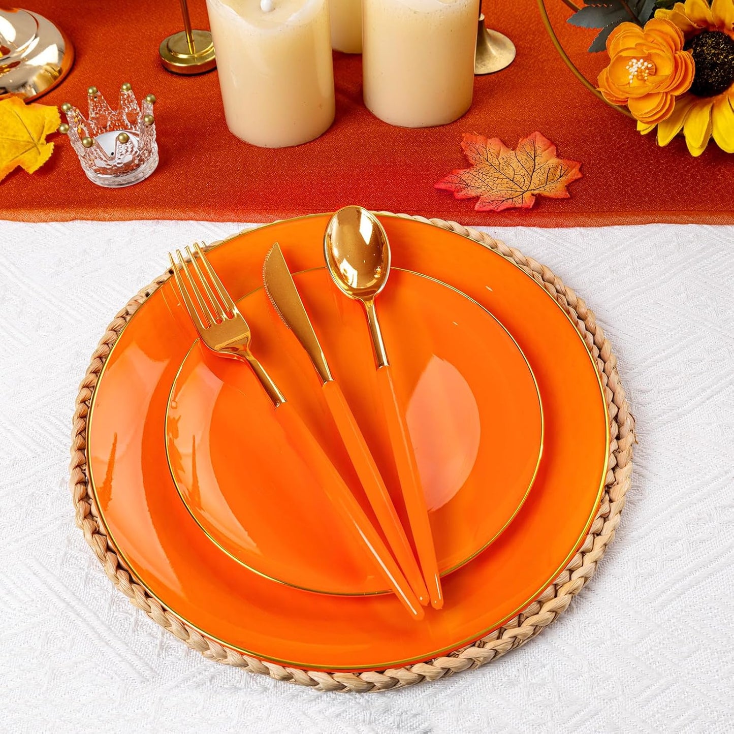 DaYammi 150Pcs Orange Plastic Plates & Gold Cutlery with Orange Handle,Thanksgiving Disposable Plates Set Include 30 Dinner Plate, 30 Dessert Plate,30 Knives,30 Forks,30 Spoons for Thanksgiving Party