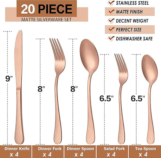 LIANYU 20 Piece Matte Copper Silverware Set, Stainless Steel Copper Flatware Cutlery Set for 4, Fancy Kitchen Utensil Tableware for Home Restaurant Party, Satin Finish, Dishwasher Safe