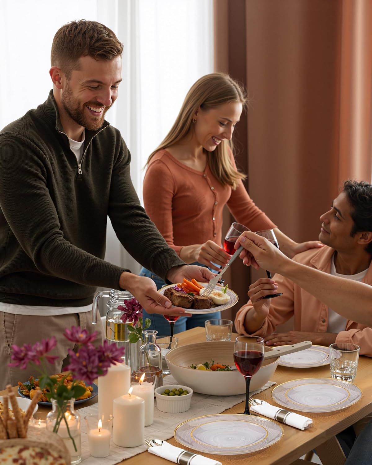 Morejoy 175PCS Clear Gold Plastic Plates - Disposable Gold Party Plates & Pre Rolled Napkins with Cutlery for 25 Guests, 50Plates, 75Silverware, 25Cups, 25Napkin for Party & Thanksgiving