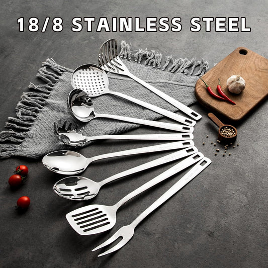 18/8 Stainless Steel Cooking Utensil set, 8 Pieces Metal Kitchen Utensils set, Slotted Spoon,Meat Fork,Ladle,Skimmer,Spatula,Spaghetti Server,Large Spoon,Masher (Dishwasher Safe, Silver)