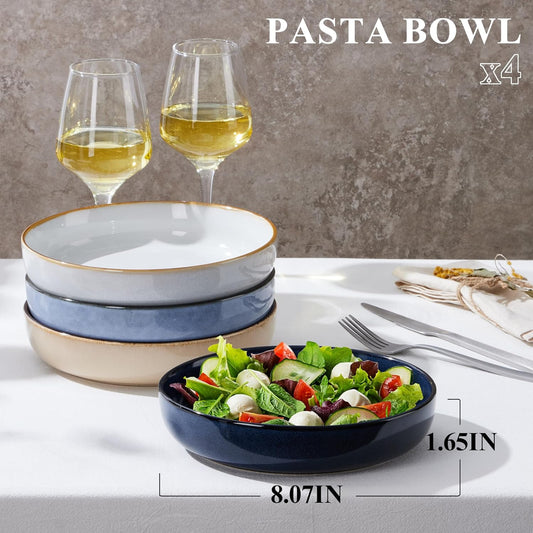 E-far Pasta Bowls Set of 4-35oz Double Reactive Ceramic Large Serving Salad Bowls, Wide & Shallow Stoneware Pasta Plates for Salad, Soup, Dinner| Dishwasher & Microwave Safe | Multicolor