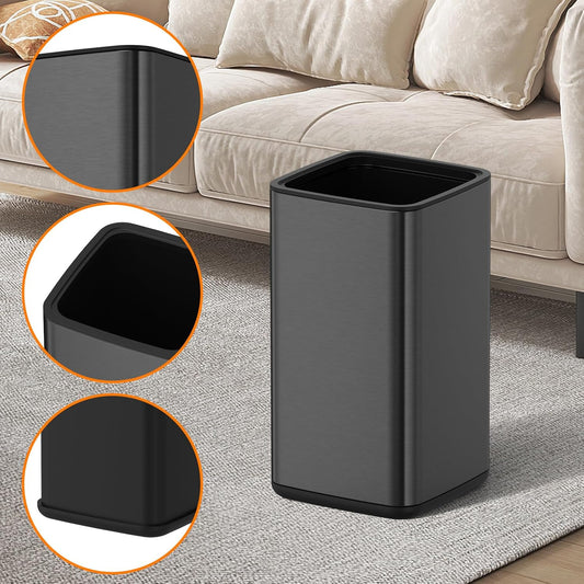 Mbillion 3.2 Gal (12L) Stainless Steel Open - Top Trash Can with Removable Inner Bucket - Sleek Metal Waste Basket for Bathroom Office, Brushed Black