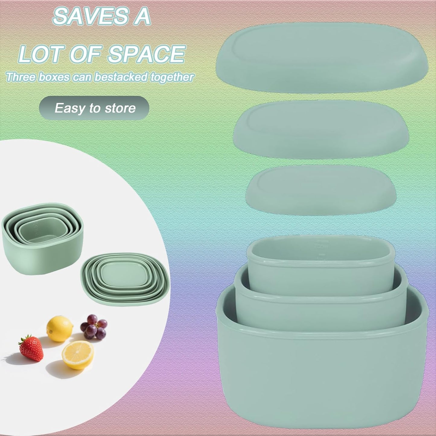 Reusable Nesting Silicone Food Storage Containers, Set of 3 Lunch Box Bento with Lids, Airtight Snack Container, BPA Free, Dishwasher Microwave Oven Freezer Safe (6.7oz, 10oz, 20oz) (Green)