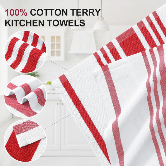 Homaxy Premium Kitchen Towels 18”x 28”, Large Cotton 380 GSM Kitchen Hand Towels, Stripe and Terry Dish Towel, Highly Absorbent Tea Towel Set with Hanging Loop, 6 Pack, Red