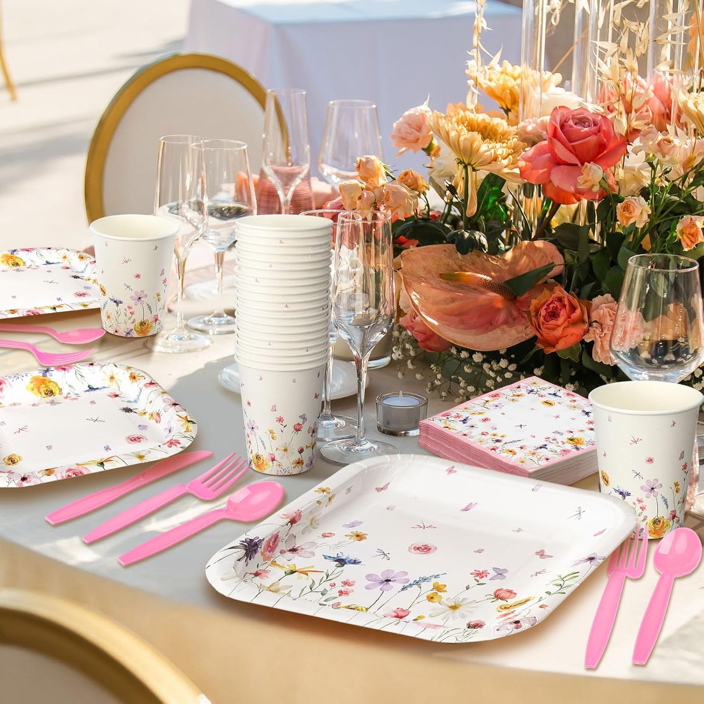 350 Pcs Paper Plates and Napkins Set Disposable Dinnerware Party Supplies Tableware Serve 50 Guest Cups Knife Forks Spoon(Pink,Wildflower)