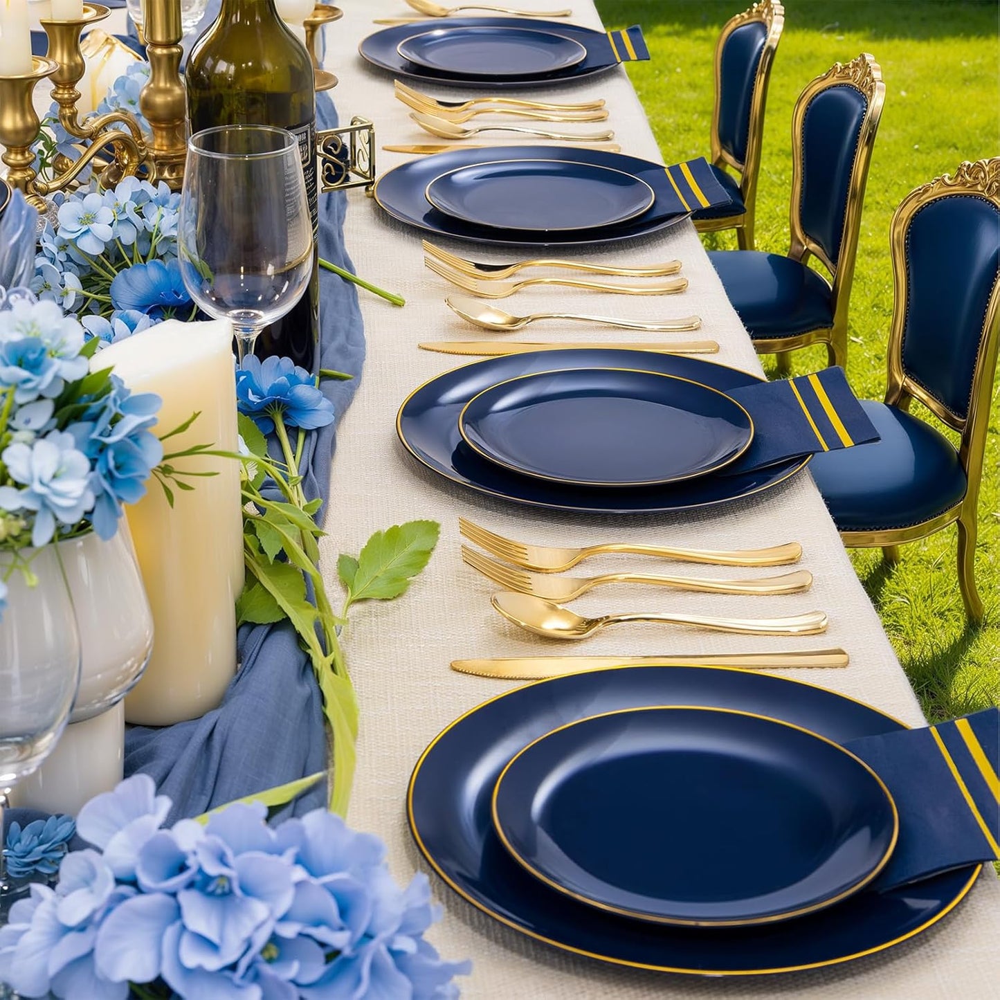 NOCCUR 350PCS Navy Blue Plastic Plates - Blue Disposable Dinnerware Set for 50 Guests, 100 Dinner/Dessert Plates, 150 Gold Silverware, 50 Cups&50 Napkins for Party/Wedding/Hanukkah