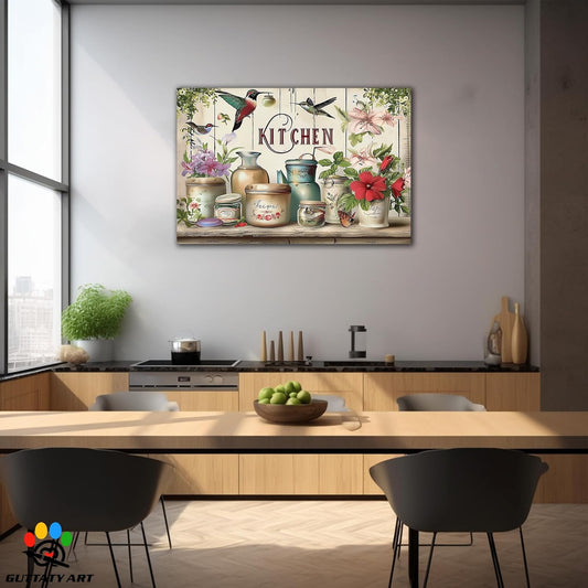GUTTATY Farmhouse Wall Art Rustic Kitchen Decor, Ready to Hang Kitchen Canvas Print Flowers And Bird,Vintage Posters Prints for Dinning Room Home Kitchen Restaurant Painting 32×48 Inch