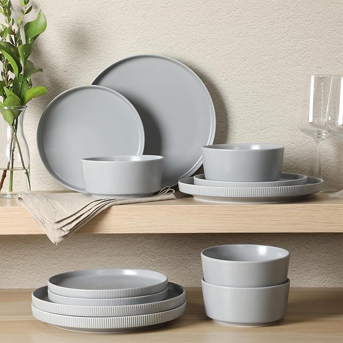 Gibson Home Dempsey Road 12-Piece Stoneware Dinnerware Set – Service for 4, Round Grey Plates and Bowls, Durable Solid Color Modern Embossed Dish Set, Microwave & Dishwasher Safe