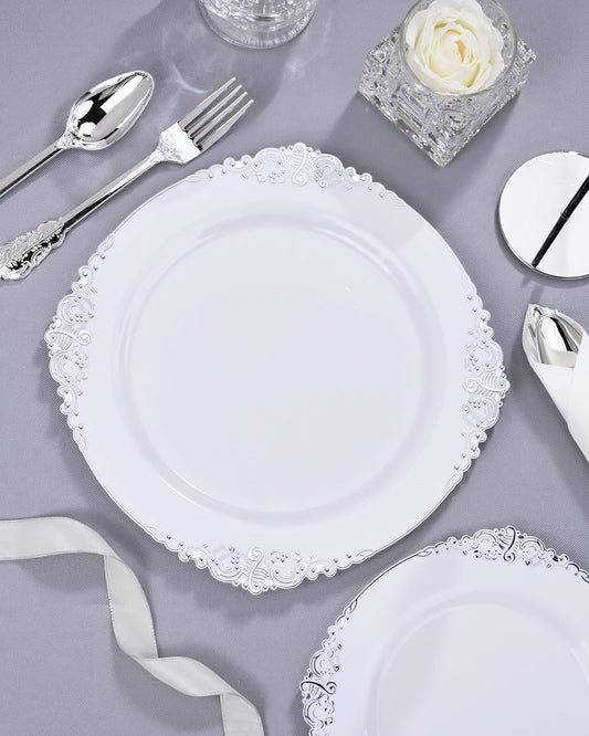 Nervure 700PCS Silver Plastic Plates - Silver Plastic Dinnerware Sets for 100 Guests - 200 Disposable Plates, 300 Silverware, 100 Cups, 100 Napkins for Wedding & Party