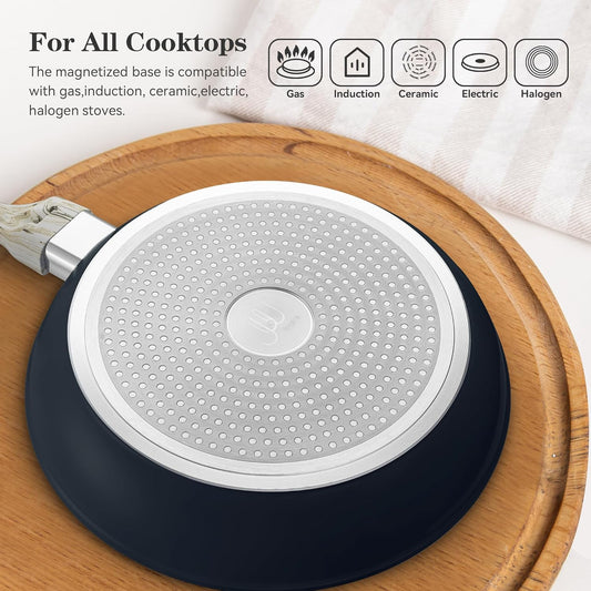 Joware Nonstick Frying Pans Set, 8" 9.5" 11" Ceramic Frying Pan Set, Ceramic Pan Skillet with Stay Cool Handle, Non Toxic Pans for Cooking & Dishwasher Safe, Blue & White, PFAS & PTFE & PFOA Free