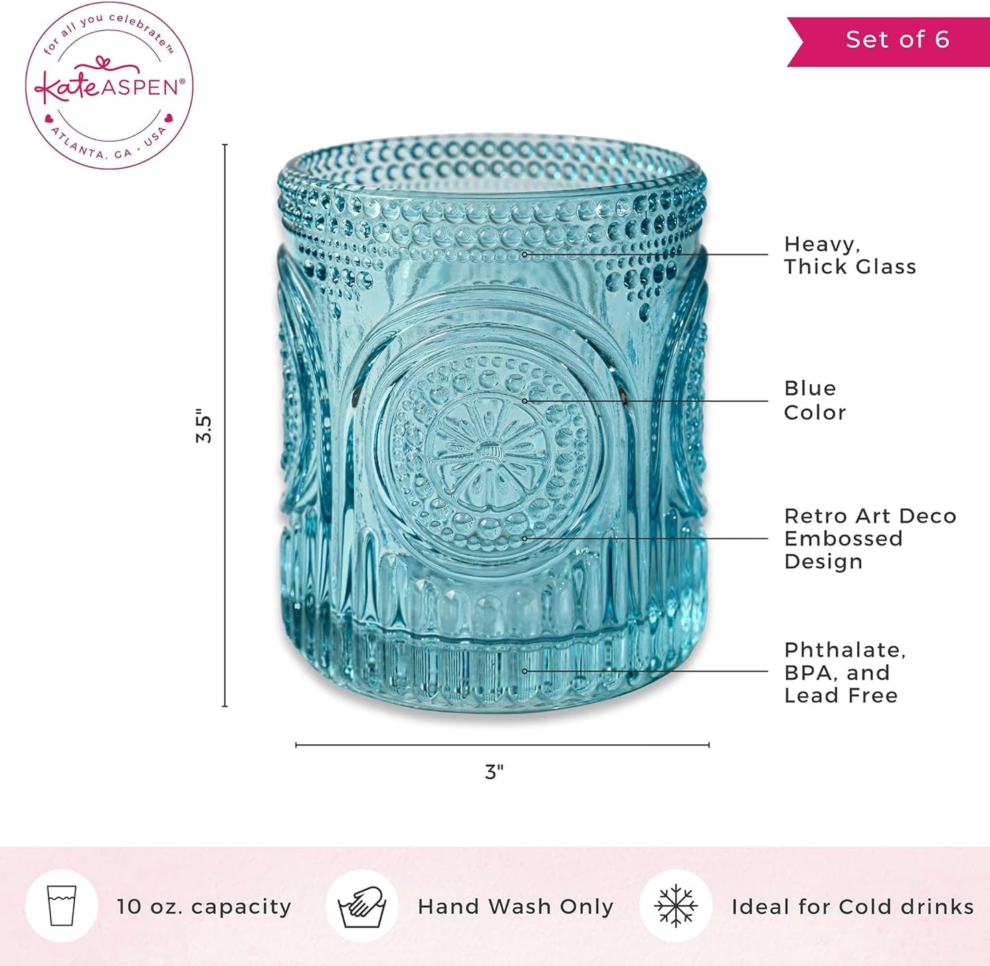 Kate Aspen Ribbed Retro Arch Floral Aqua Blue Drinking Glasses Set of 6, (10 oz) Vintage Glassware Set Cocktail Glass Set, Juice Glass, Water Cups | Great Hostess Gift & Gift for New Home Owners