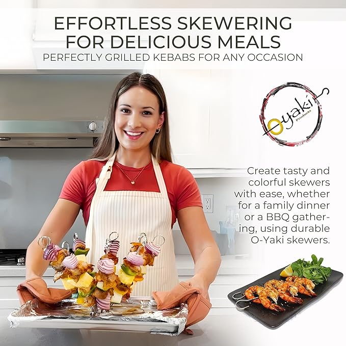 O-Yaki Flat Metal Kabob Skewer for Grilling – Set of 8 BBQ Skewers Stainless Steel with Storage Bag, Dishwasher Safe Skewers with Hook Handle & Sharp Tip for BBQ, Cookouts & Oven Use – 12 Inch