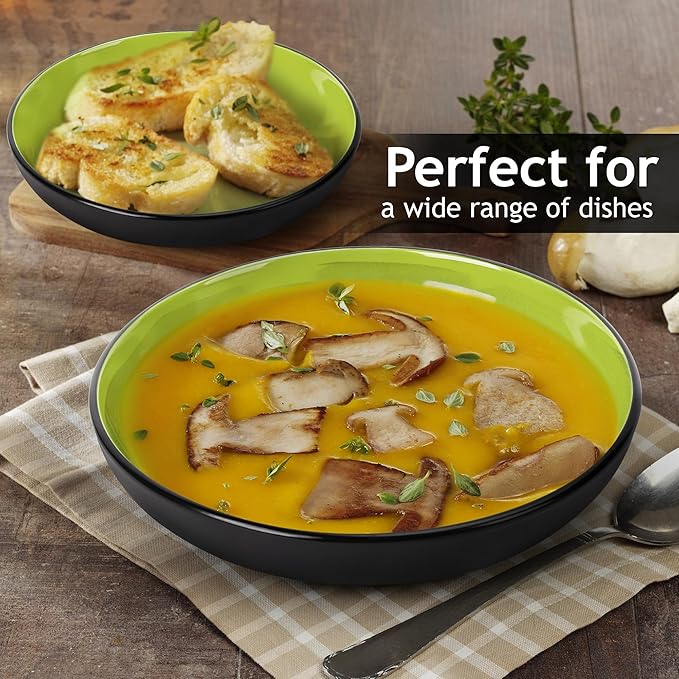 MIAMIO β 30 Oz / 8.6 Inch Set of 6 Pasta Bowls/Salad Bowls, Pasta Plates Wide and Shallow Bowl, Large Ceramic Stoneware Deep Plate Serving Soup - Le Papillon Collection (Green)