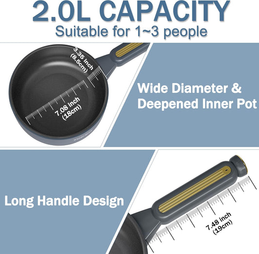 TOPWIT Hot Pot Electric, 2L Electric Pot, Non-Stick Sauté Pan, Portable Cooker for Steak, Egg, Fried Rice, Ramen, Soup with Dual Power Control (Silicone Spatula Included), Grey