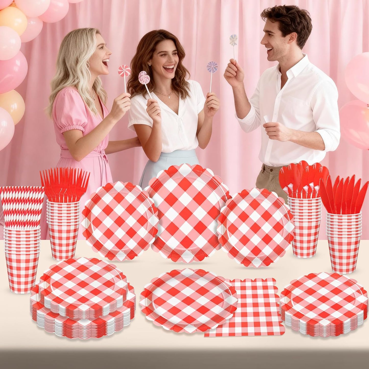 192 PCS Gingham Party Supplies Serve 24 Guests Gingham Plates and Napkins and Cups for Birthday Decorations Baby Shower Checkered Party Dinnerware Sets for Girl Boy Light Red Christmas