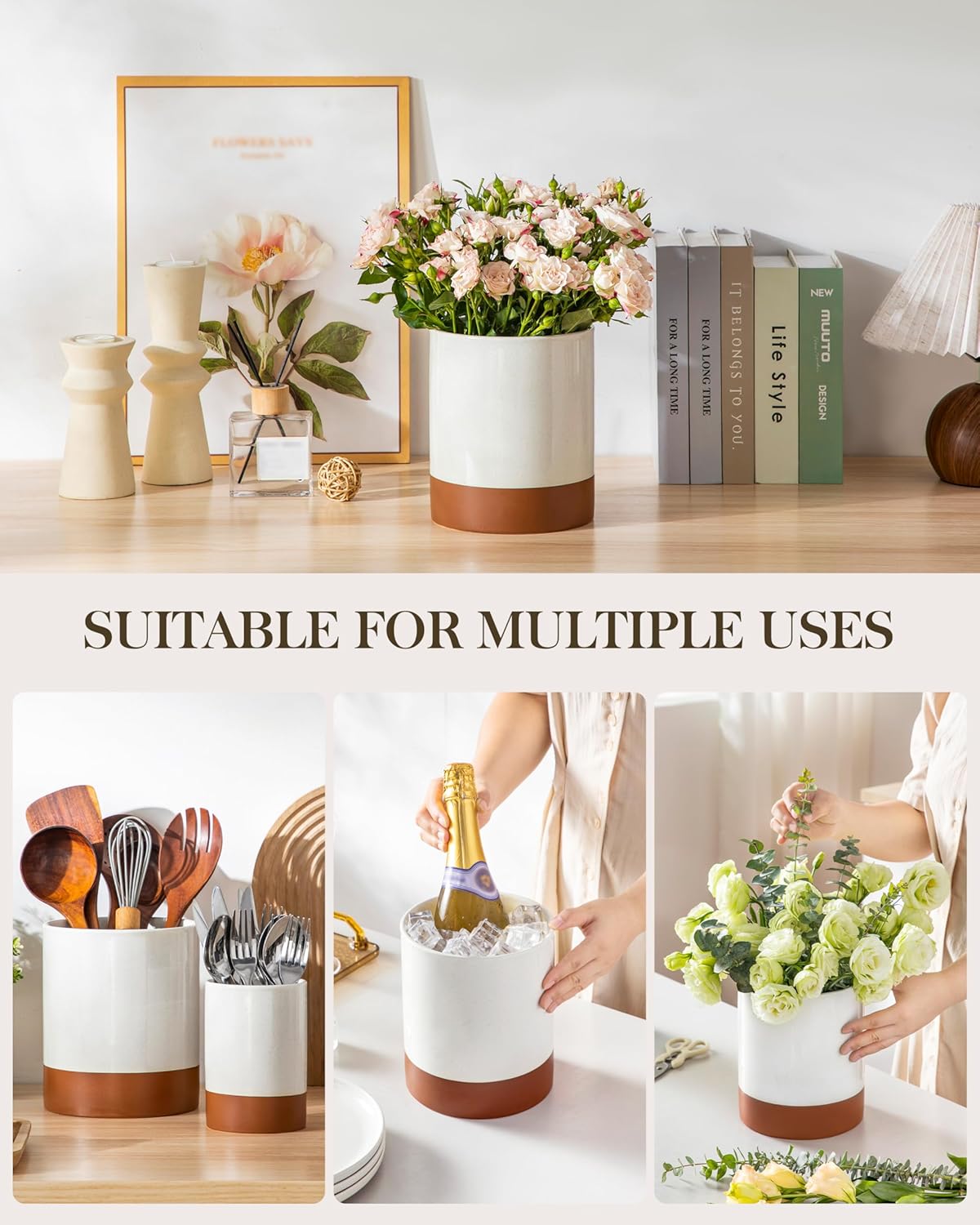 MALACASA Utensil Holder, 7.3"+5.5" Ceramic Kitchen Utensil Holder for Countertop, Large Cooking Utensil Crocks for Kitchen Counter, Farmhouse Utensils Organizer, Set of 2, Khaki White, Series TARA