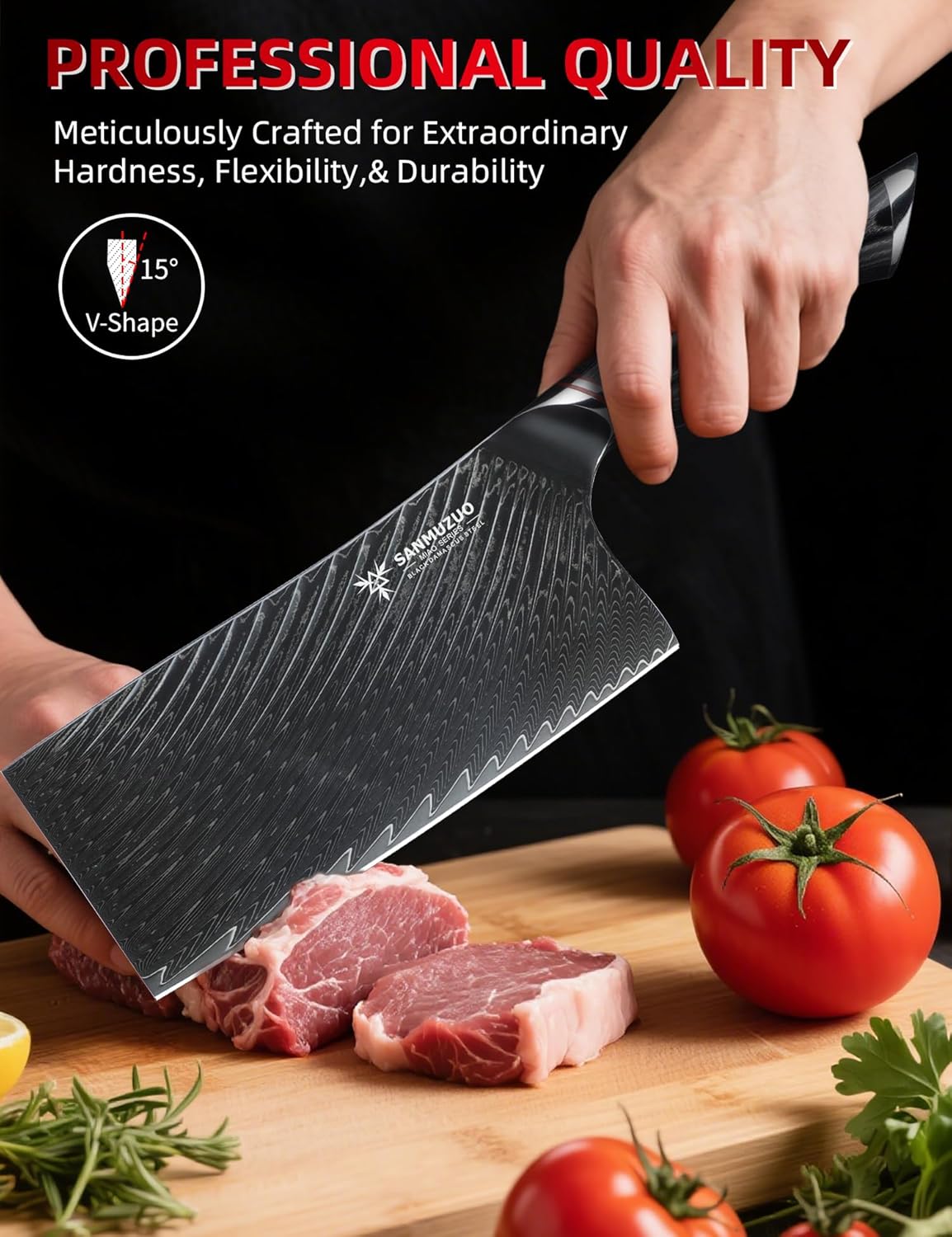 7 Inch Meat Cleaver Knife - Chinese Kitchen Vegetable Cleaver - Black Damascus Steel with Ergonomic Handle - MIAO Series