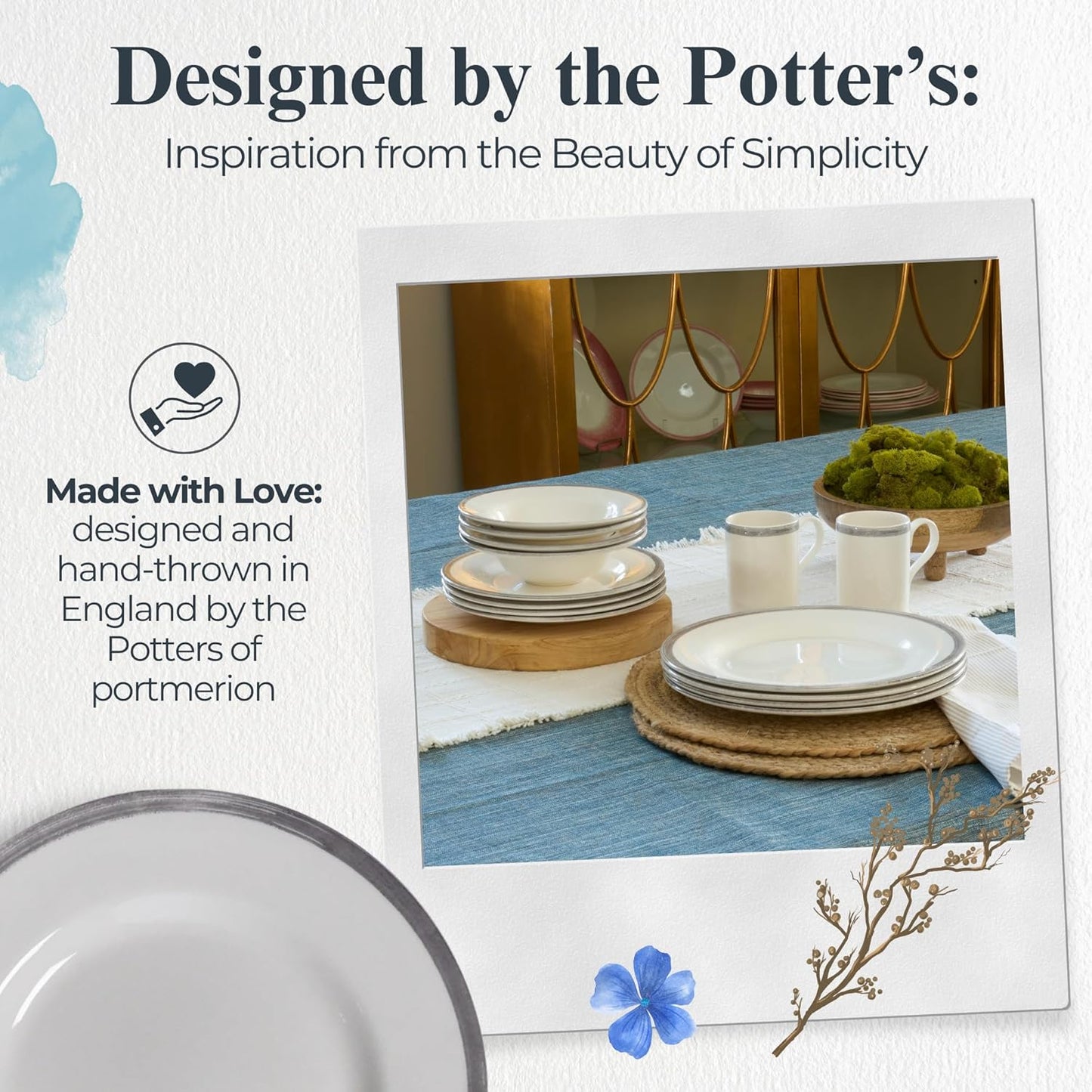Portmeirion Potter's Brushstroke 8" Dinner Plate (Set of 4) - Handcrafted Earthenware Plates with Accent Rim, Microwave & Dishwasher Safe - Ideal Tableware for Modern & Traditional Dining (Grey)
