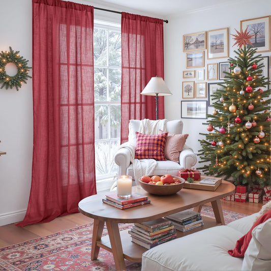 BGment Burgundy Linen Curtains for Living Room, Semi Sheer Window Drapes Lightweight Textured with Rod Pocket for Dining Bedroom Party Christmas Decor, Each 42 Inch Wide