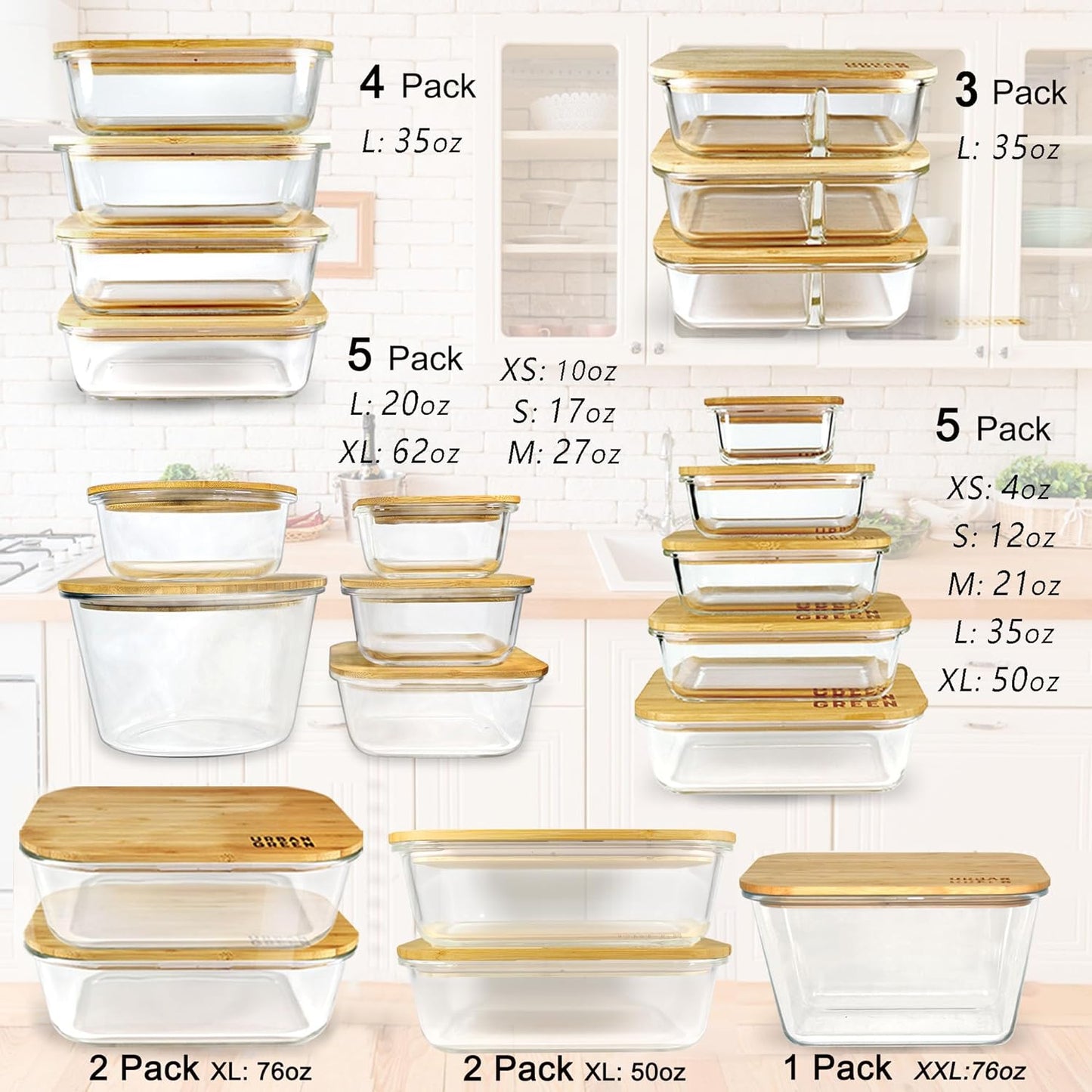 Urban Green Glass Container with Bamboo Lid, 2 Pack of 50oz, Large Glass food storage Container with Lids, Meal Prep Containers Set of 2