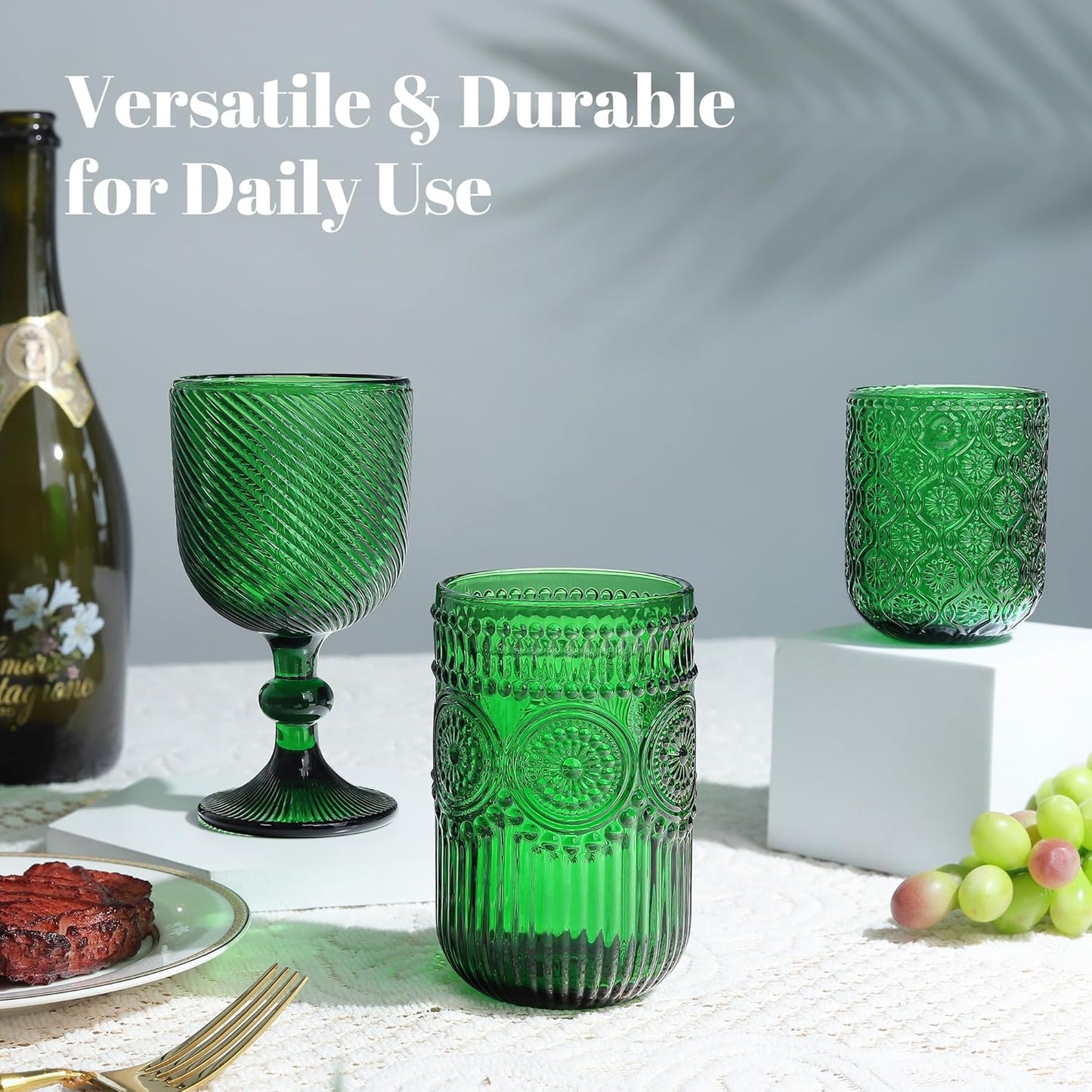 Joeyan Small Drinking Glasses,Vintage Green Embossed Floral Water Glass Tumbler Cups,Colored Beverages Cocktail Juice Wine Glassware,9 oz,Set of 4,Dishwasher Safe