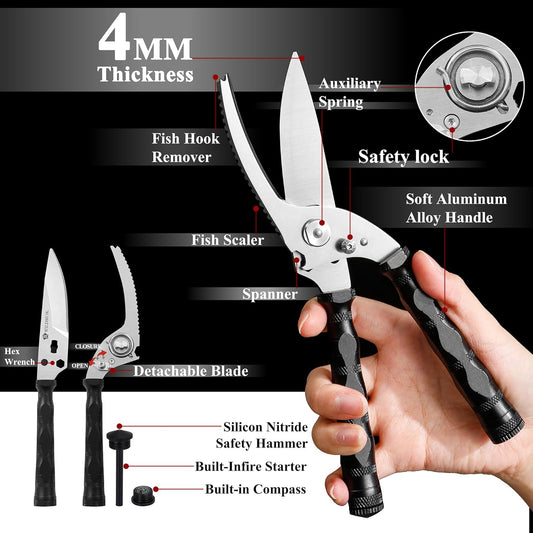 WILDMOK Heavy Duty Poultry Shears - 8.5 Inch Multi-function Stainless Steel Poultry Outdoor Shears, Ultra Sharp Kitchen Scissors for Outdoor Camp, Black