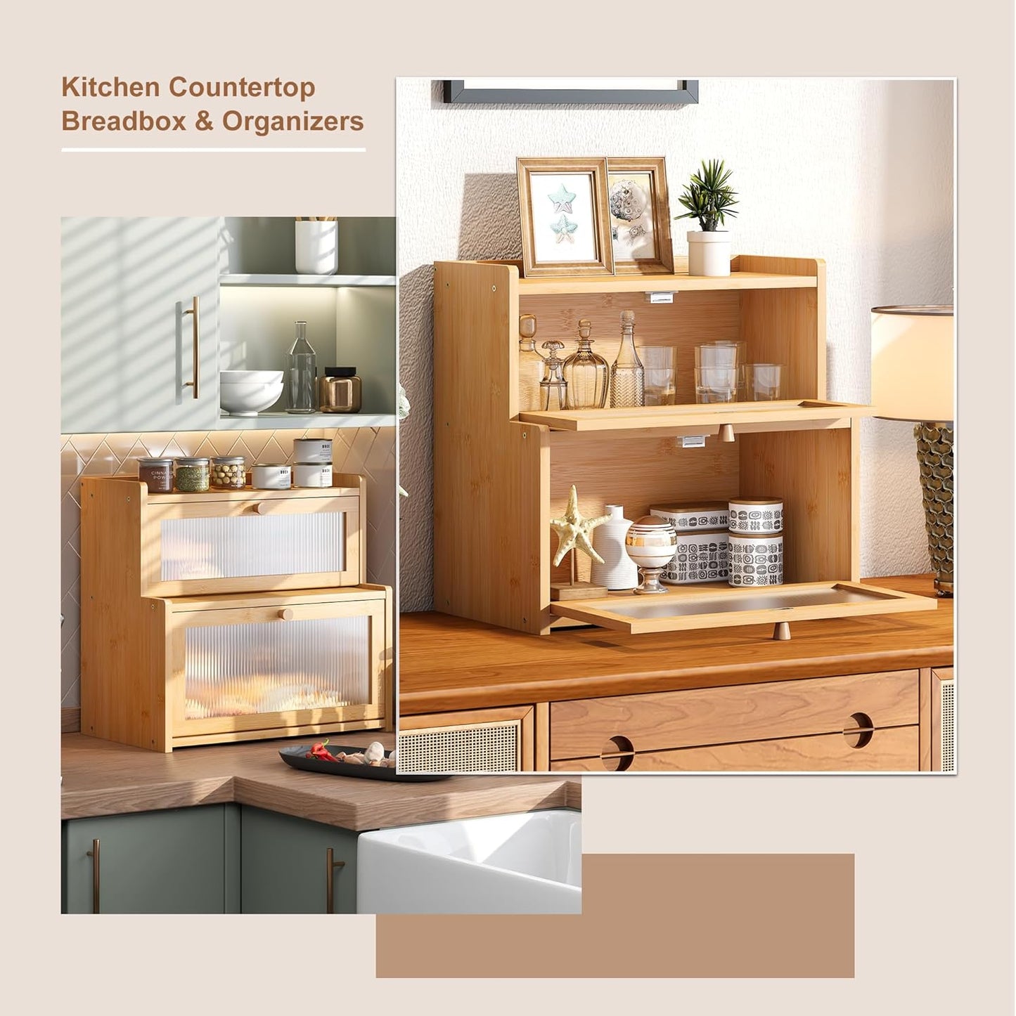 FILWH Bread Box for Kitchen Countertop Double Layer Large Corner Bread Box Capacity Bread Storage Bin Farmhouse Breadbox Container Organizer Cabinet Cupboard Nature