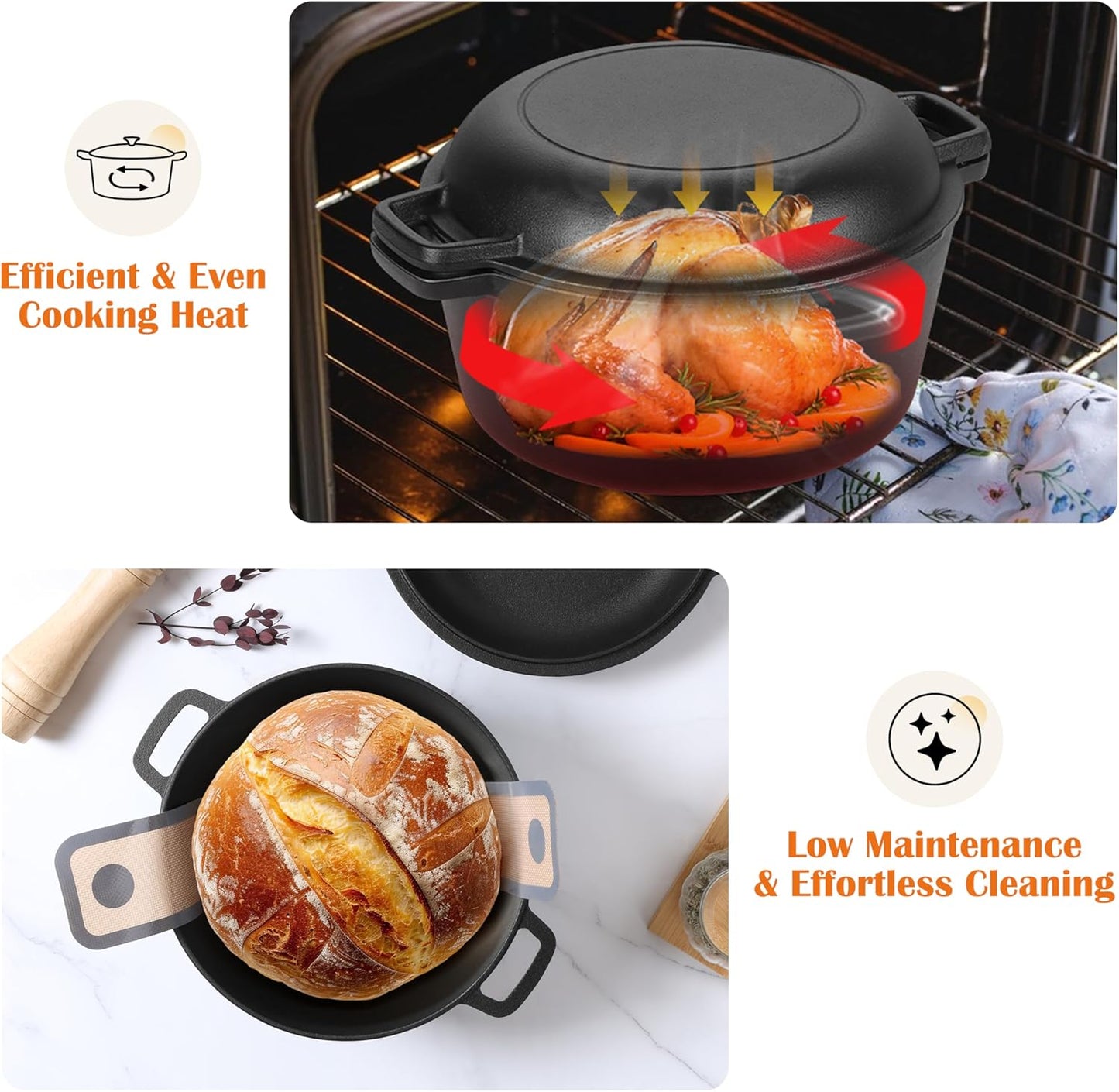 E-far 5QT Dutch Oven for Bread Baking, 2-IN-1 Cast Iron Pot with Skillet Lid & Sourdough Starter Kit, Bread Oven Pan with Baking Supplies for Frying, Braising, BBQ, Rust-Free & Heavy Duty