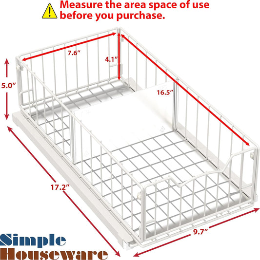Simple Houseware Pull-Out Cabinet Sliding Basket Organizer, 17.2" D x 9.7" W x 5" H – White, Ideal for Kitchen and Bathroom Cabinet Storage, Under Sink or Pantry Organization