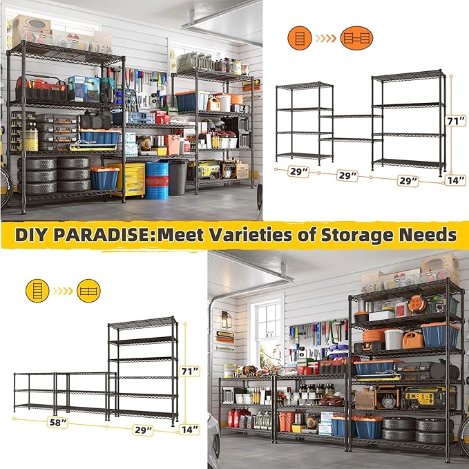 REIBII 71" H Metal Shelves 6 Tier Storage Shelves 1200LBS Adjustable Shelving Units and Wire Shelving Unit Storage Rack Shelf Metal Shelving, 71" H x 29" W x 14" D