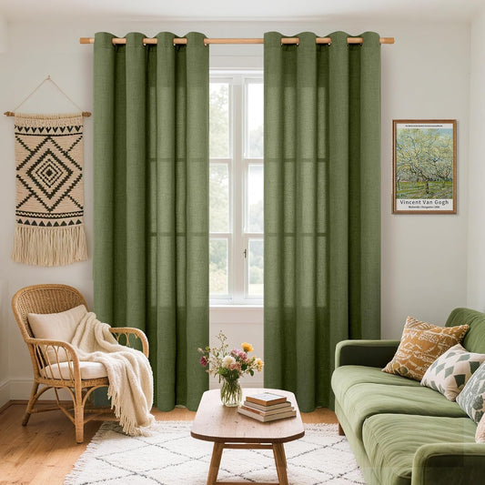 YoungsTex Olive Linen Curtains 80 Inch Length for Living Room, Light Filtering Window Drapes with Bronze Grommet Textured Privacy for Bedroom Farmhouse Decorative, 52 x 80 Inch, 2 Panels