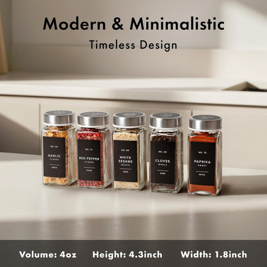 Glass Spice Jars with Labels and Steel Lids (24 x 4oz) Spice Containers with 240 Label, Steel Funnel, Shaker Inserts, Empty Square Seasoning Organizer for Spice Rack, Cabinet, Drawer